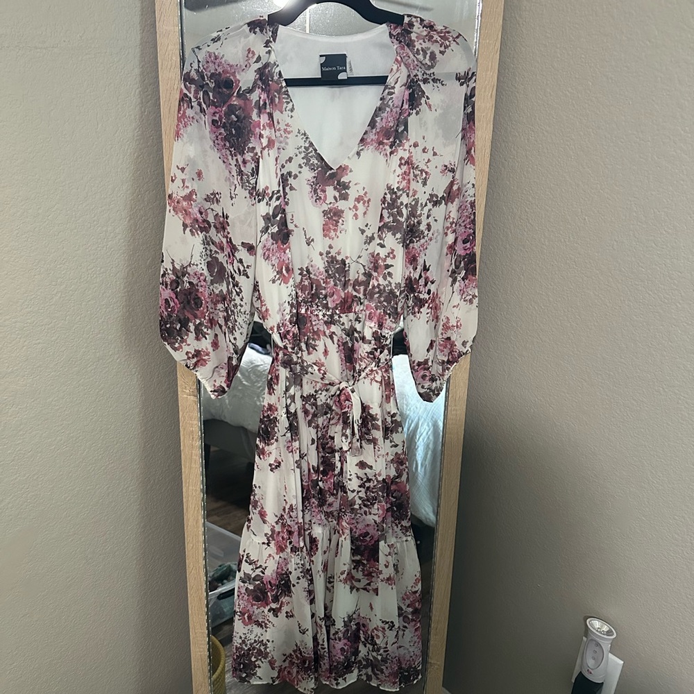 Maison Tara Pink and white Wrap Midi Dress with Bishop Sleeves